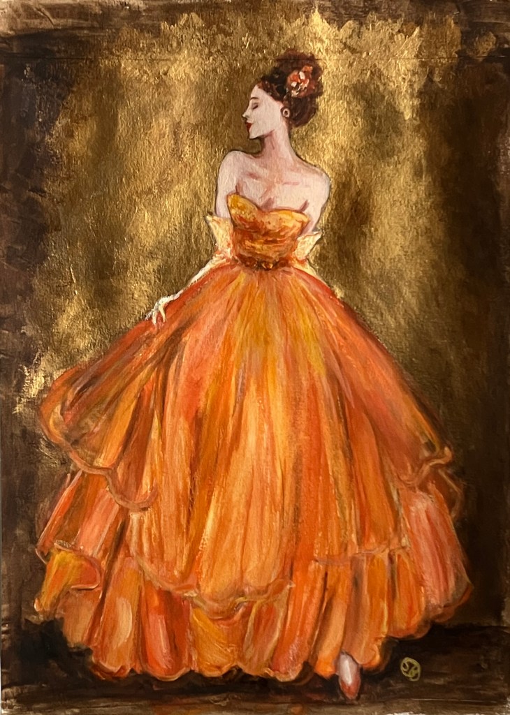 ready for the soiree. gouache, gold and acrylic on paper